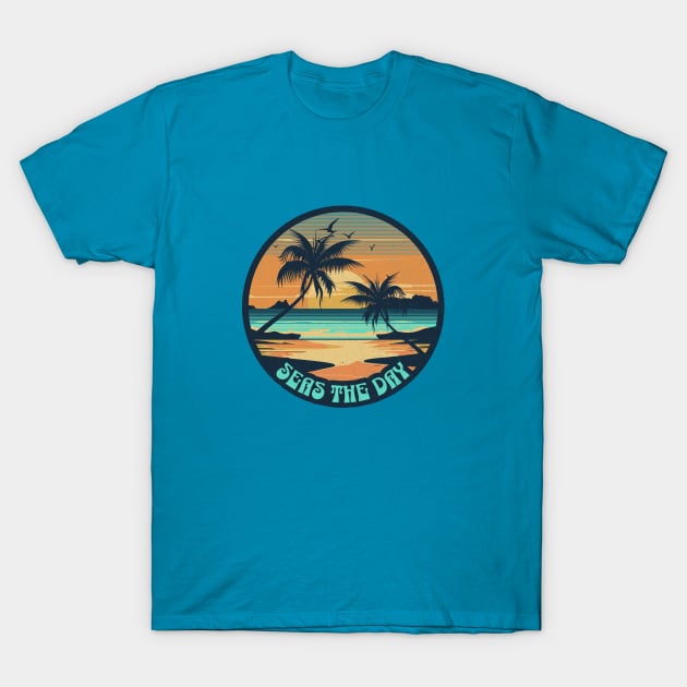 On the Beach "Seas the Day" Sunset T-Shirt by CashArtDesigns